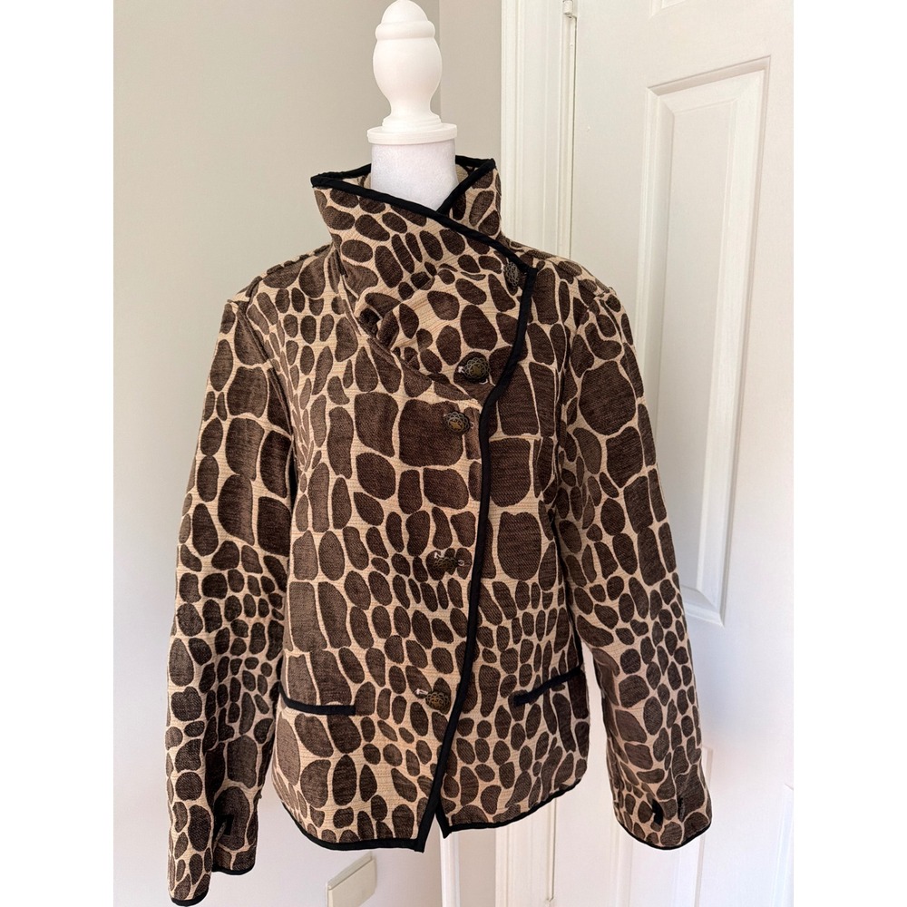 Giraffe Print Funnel Neck Button Front Jacket Brown Cream Textured Tapestry